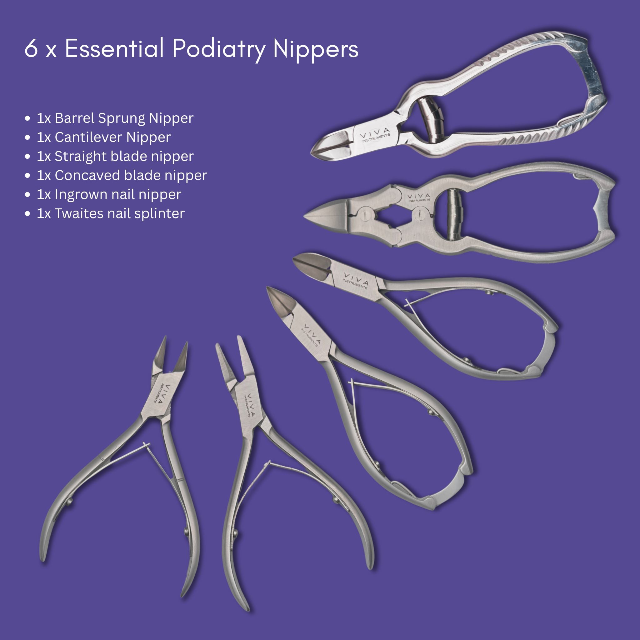 Set of six podiatry nippers on a purple background with product names listed.