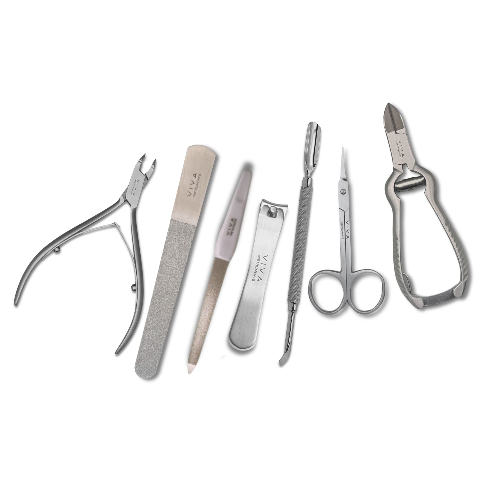 Set of metal nail care tools on a white background - viva instruments