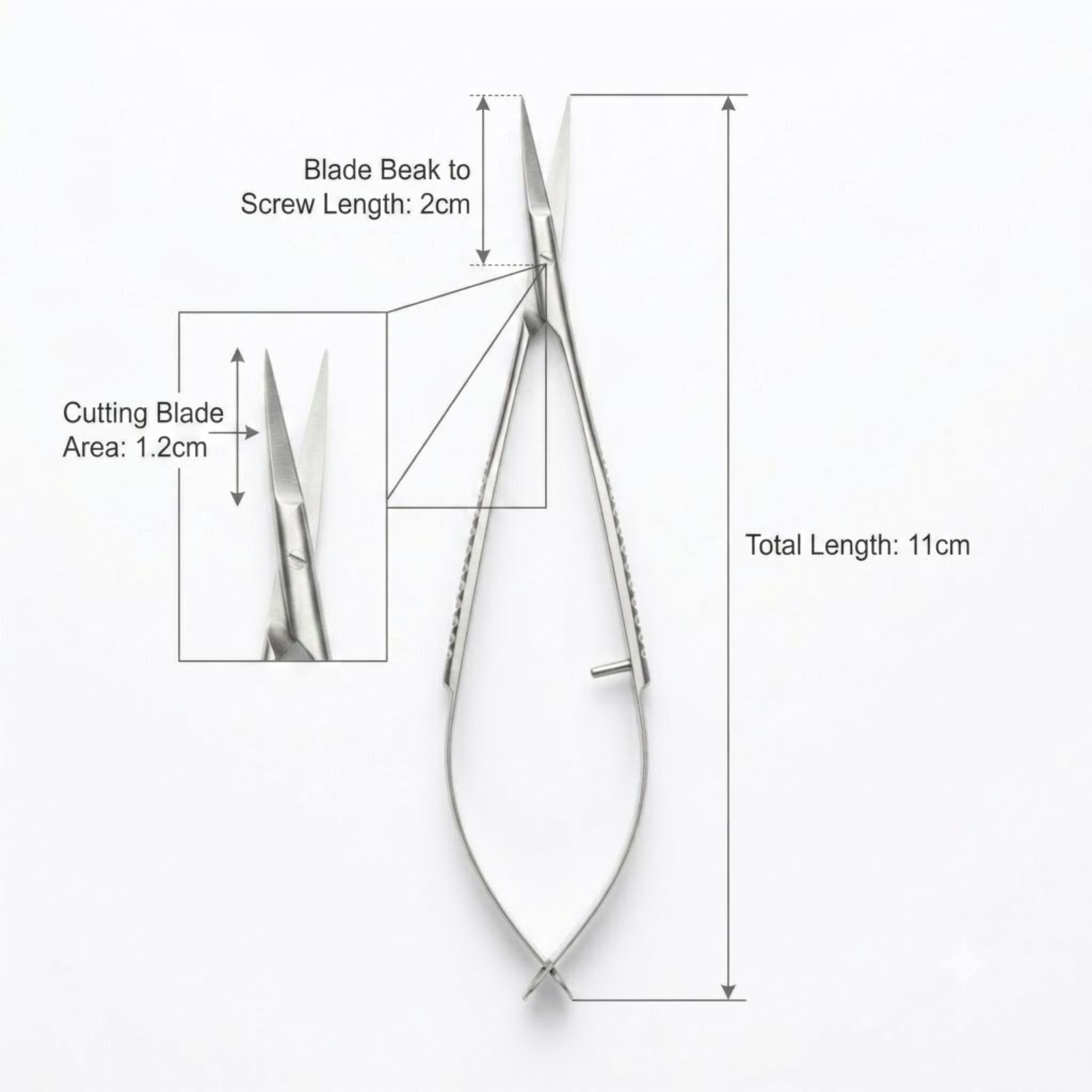 A pair of stainless steel nail cutters shown on a white background with measurement annotations indicating total length 11cm, blade beak to screw length 2cm, and cutting blade area 1.2cm.