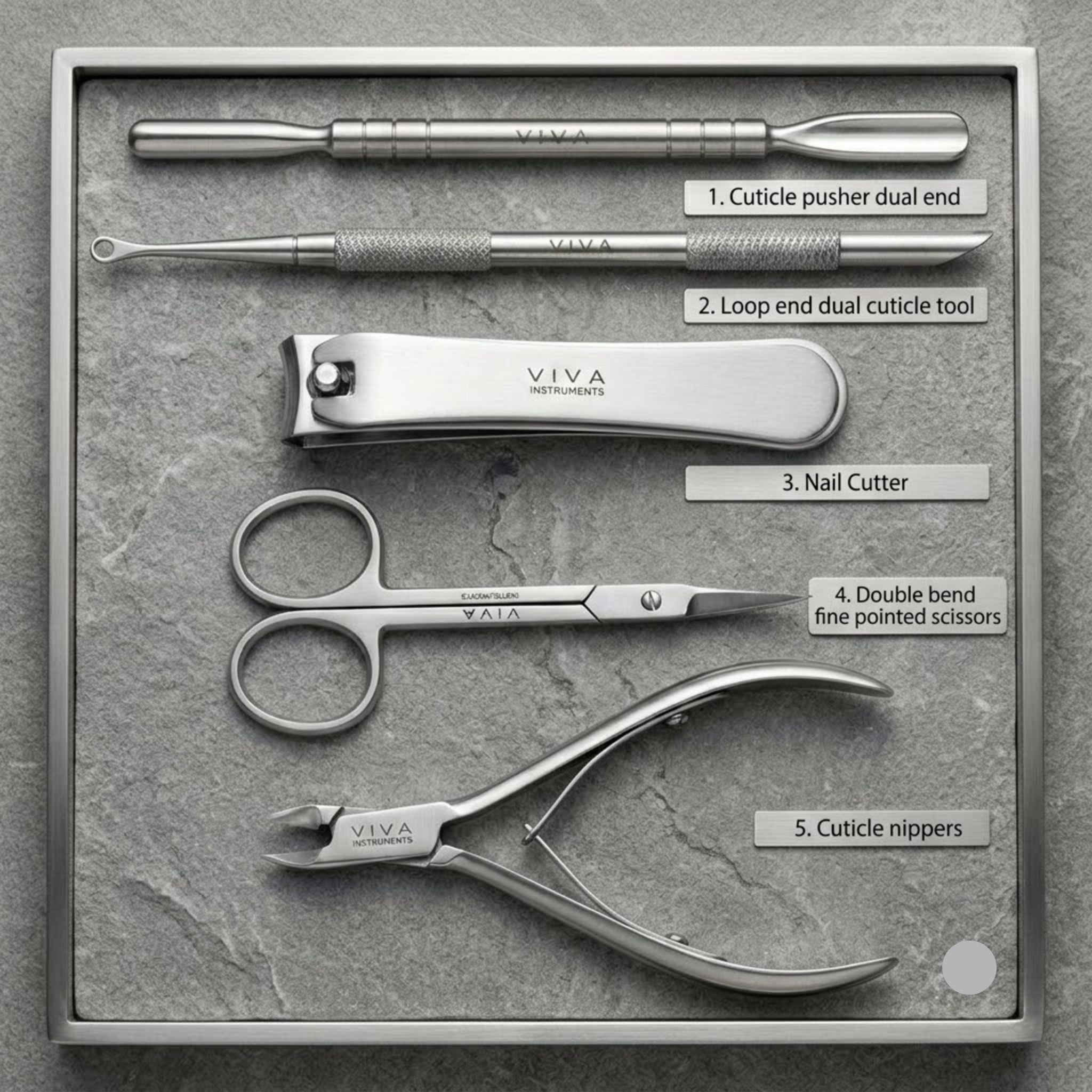 Set of VIVA nail care instruments on a gray background - viva instruments