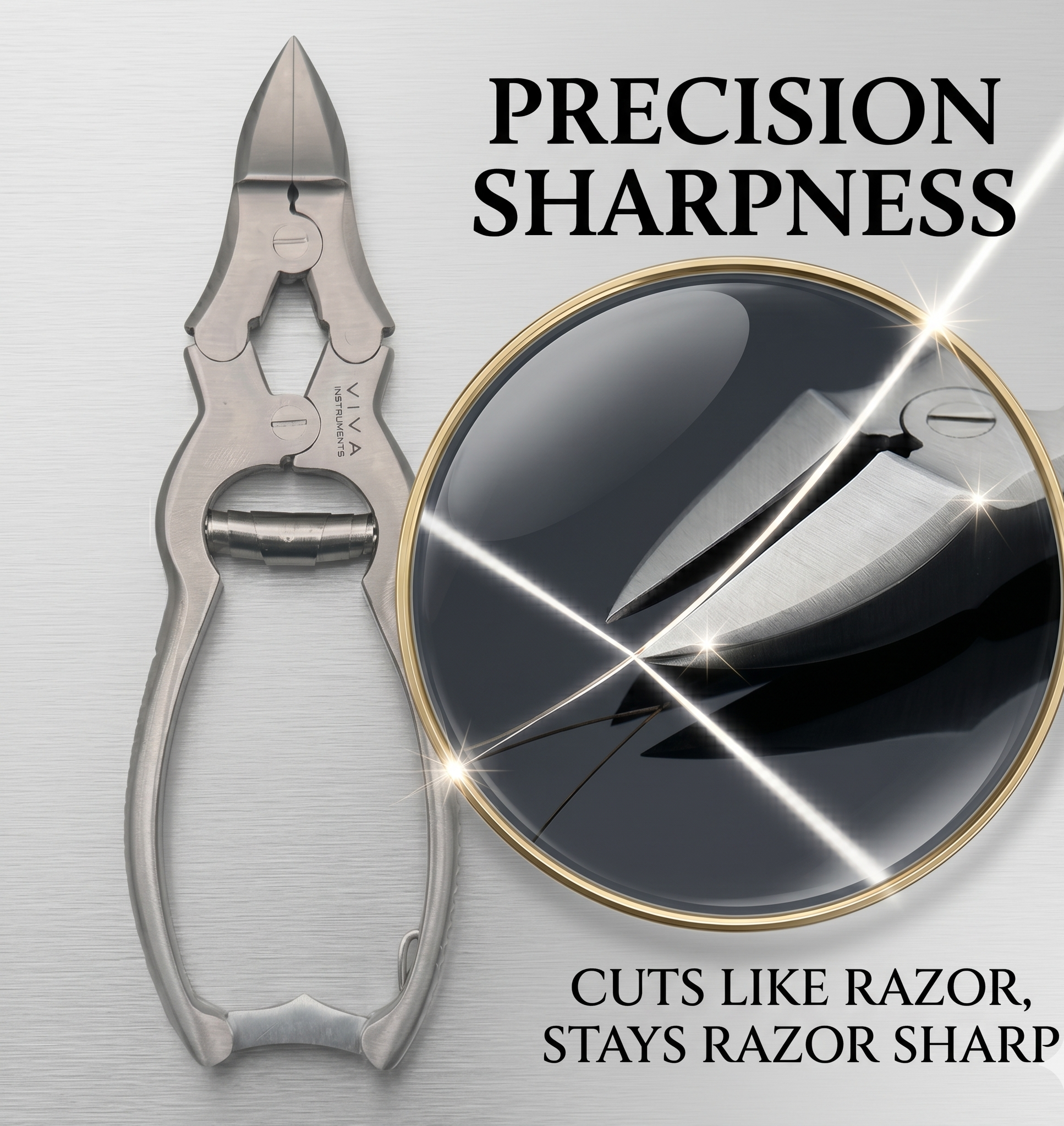 toenail clippers cantilever for podiatry and elderly - viva instruments Nail clipper with a magnifying glass highlighting precision sharpness on a light gray background.