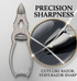 toenail clippers cantilever for podiatry and elderly - viva instruments Nail clipper with a magnifying glass highlighting precision sharpness on a light gray background.