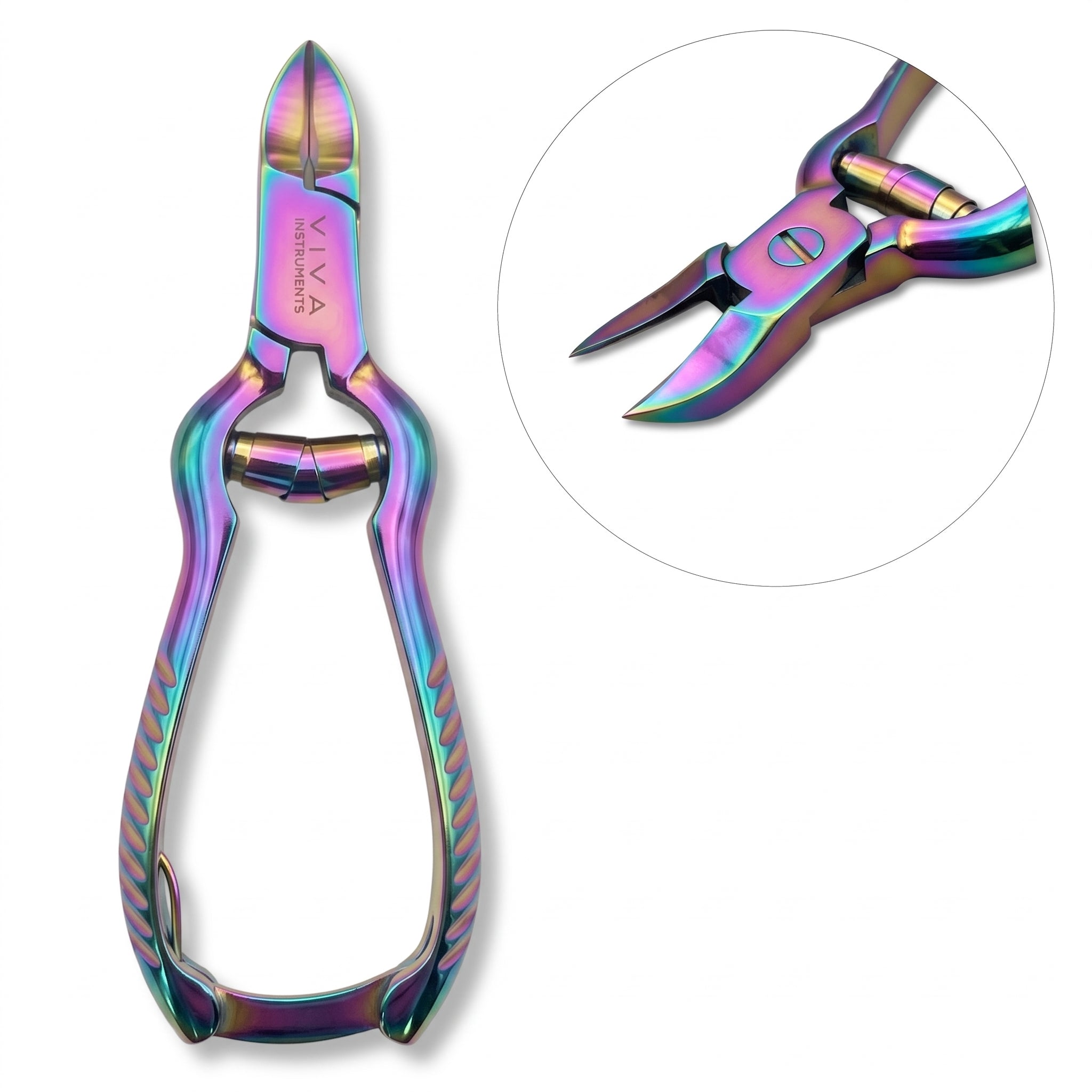 Viva Instruments 14cm rainbow titanium coated toenail clippers with barrel spring and safety lock