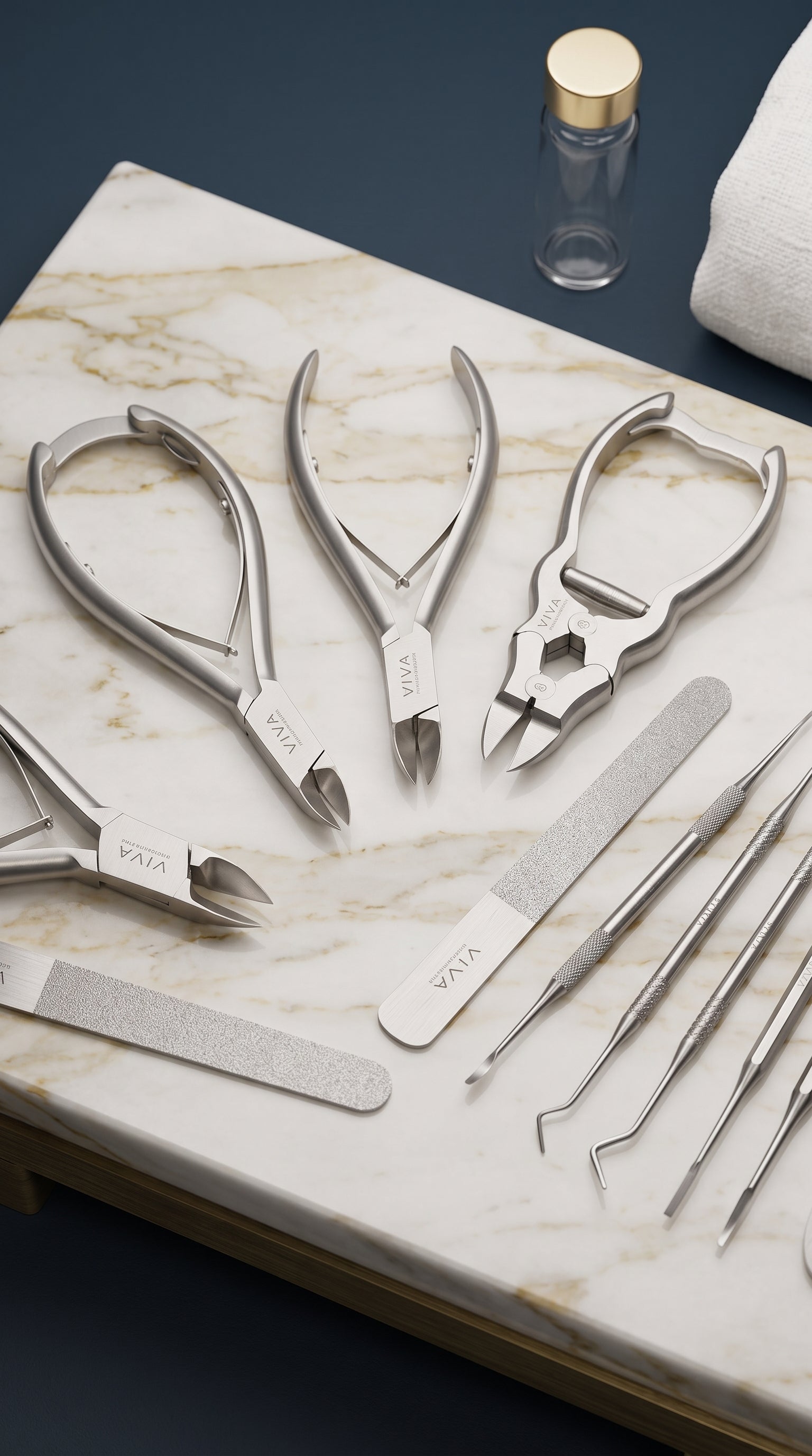 Viva Instruments podiatry nail nippers, files and foot care instruments arranged in a professional clinical setting